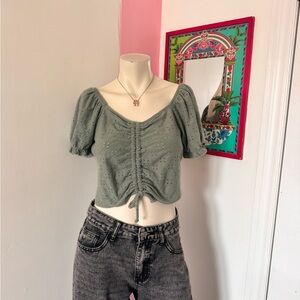 SO Sage Green Tie-Front Short Puff Sleeve Eyelet Top